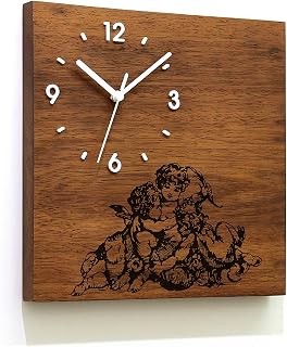 Solid Wood Wall Clock - Vintage Victorian Angels - Wood Laser Engraved - Massive Wood Iroko - African Teak - Contemporary Wall Mounted Clock