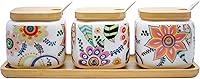 Vista 7 de Juego de 3 tarros de especias de cerámica blanca impresa con cucharas y tapas de bambú y bandeja (floral abstracto)