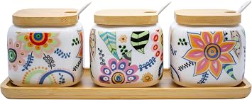 Set of 3 Printed White Ceramic Condiment Spice Jars With Spoons and Bamboo Lids and Tray Floral Medley