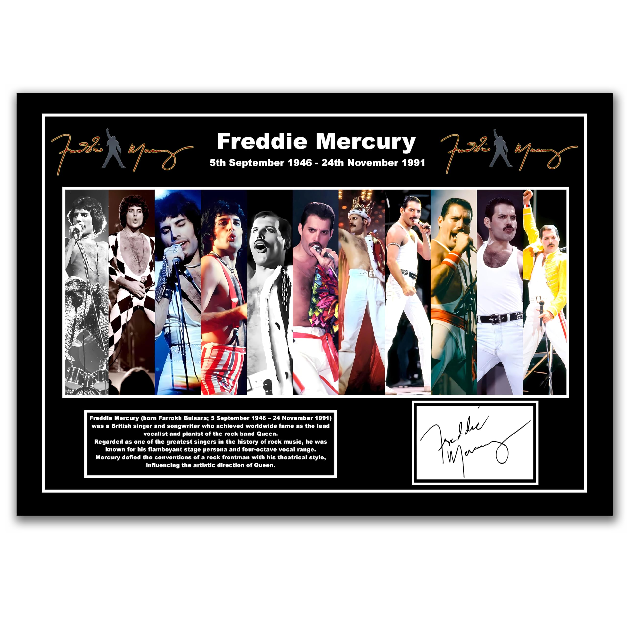 Freddie Tribute Poster, Queen Lead Singer, Photo Collage with Signature, Rock Star Lengend (A4 Unframed)