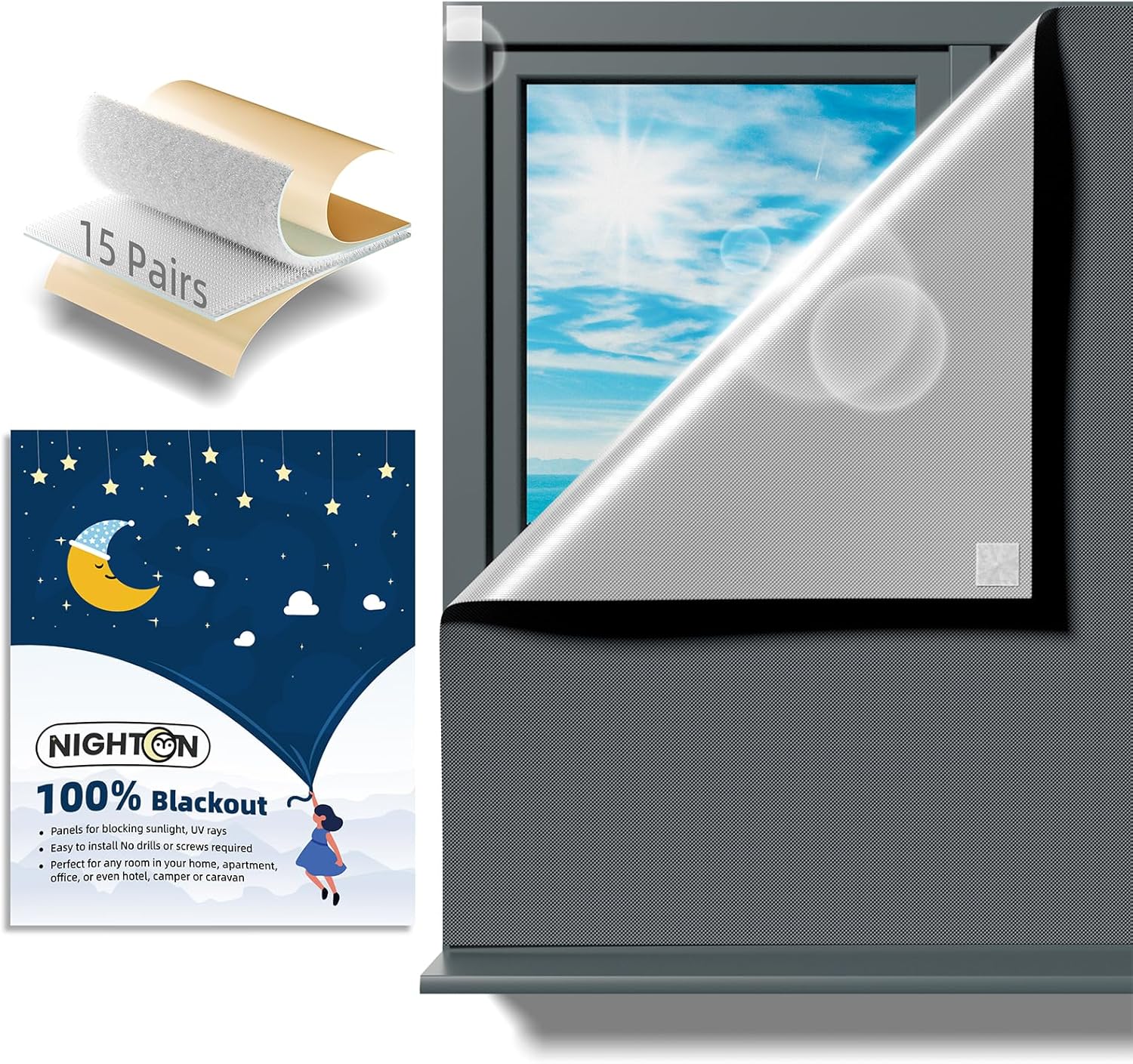 NIGHTON Portable Blackout Curtains 40"×57" Strong Hook and Loop Tape Strips with Adhesive,Blackout Shades That can be Cut,100% Blackout Material Window Blinds for Baby Nursery or Travel Use-Gray