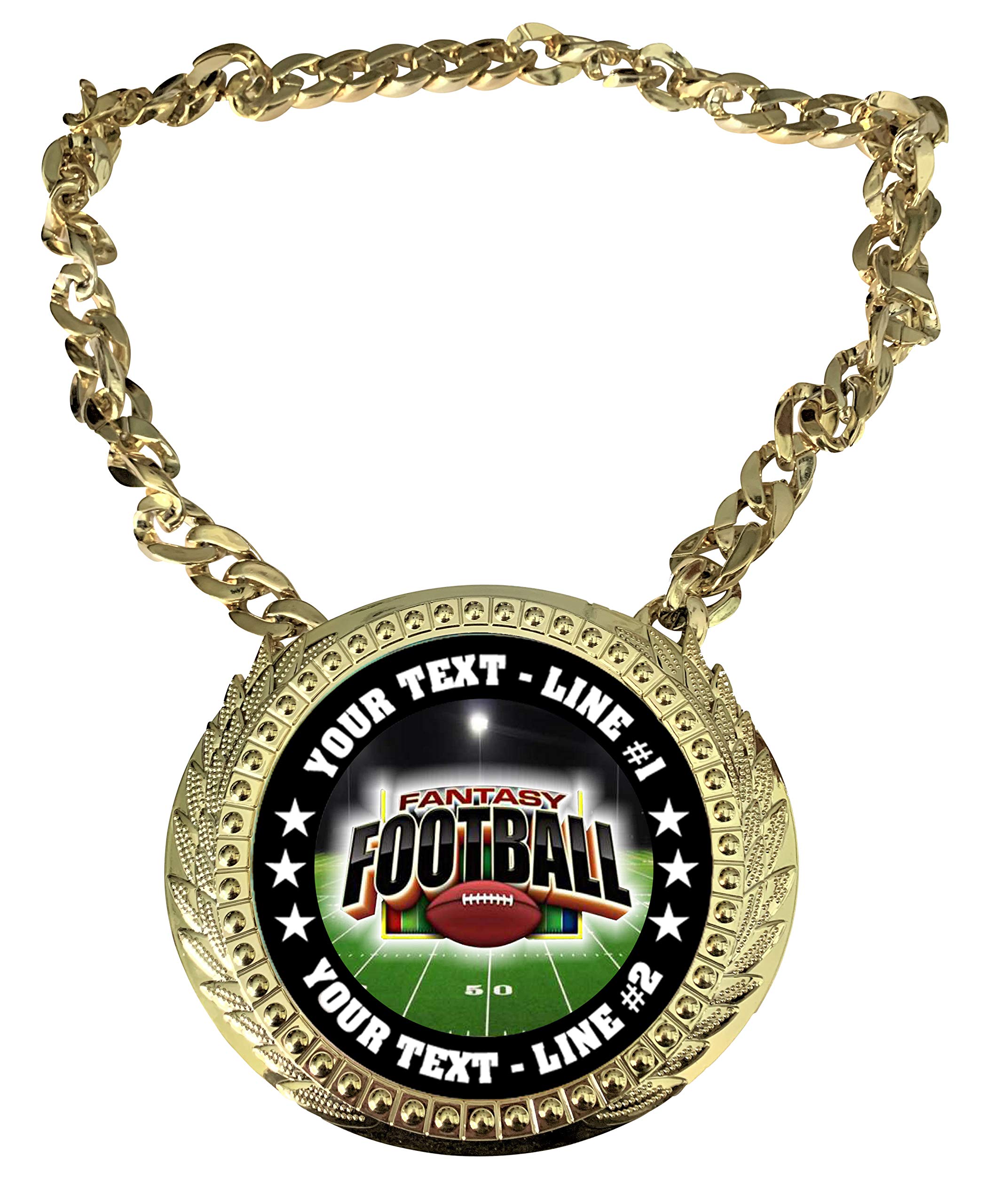 Express Medals Custom Fantasy Football Champ Chain Trophy with 2 Lines of Personalized Text on a Large Rigid Plastic Award Medal and 34 Inch Long Gold Color Neck Chain. FCL473