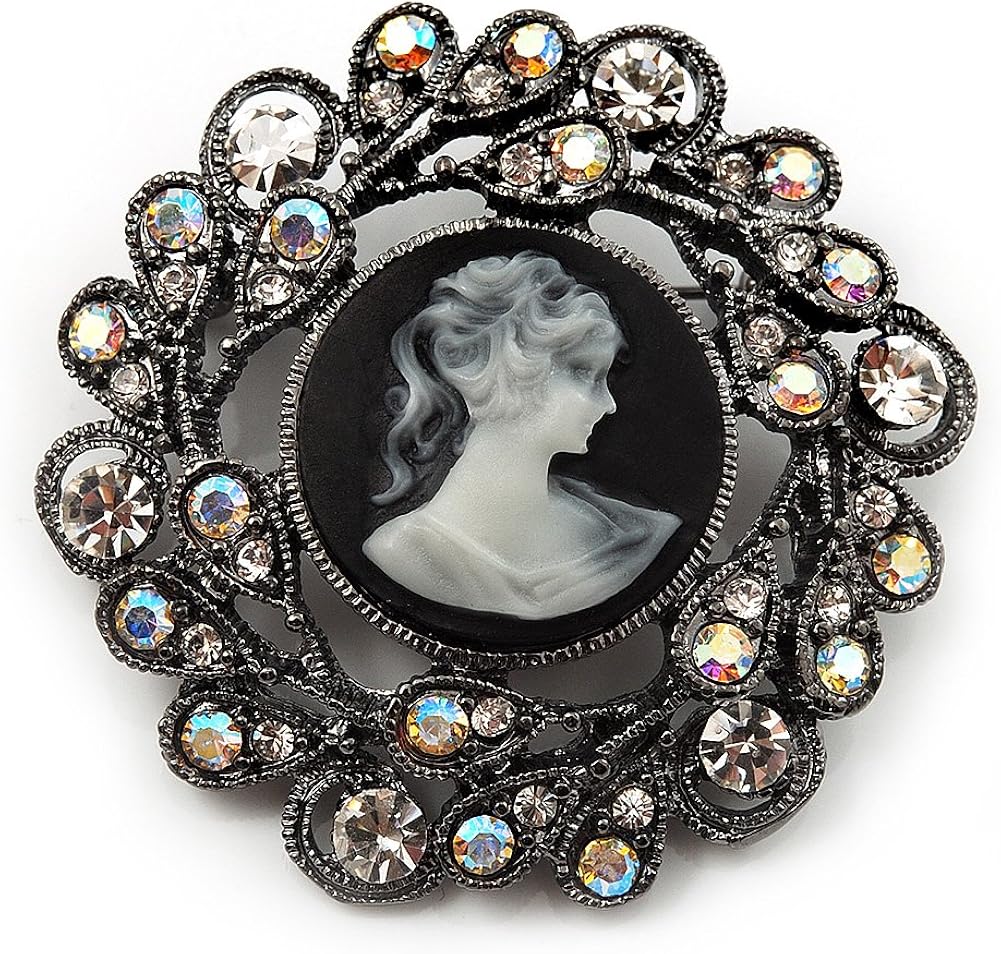 Black Round Crystal Cameo Brooch (Gun Metal Finish), black, dark grey, iridescent