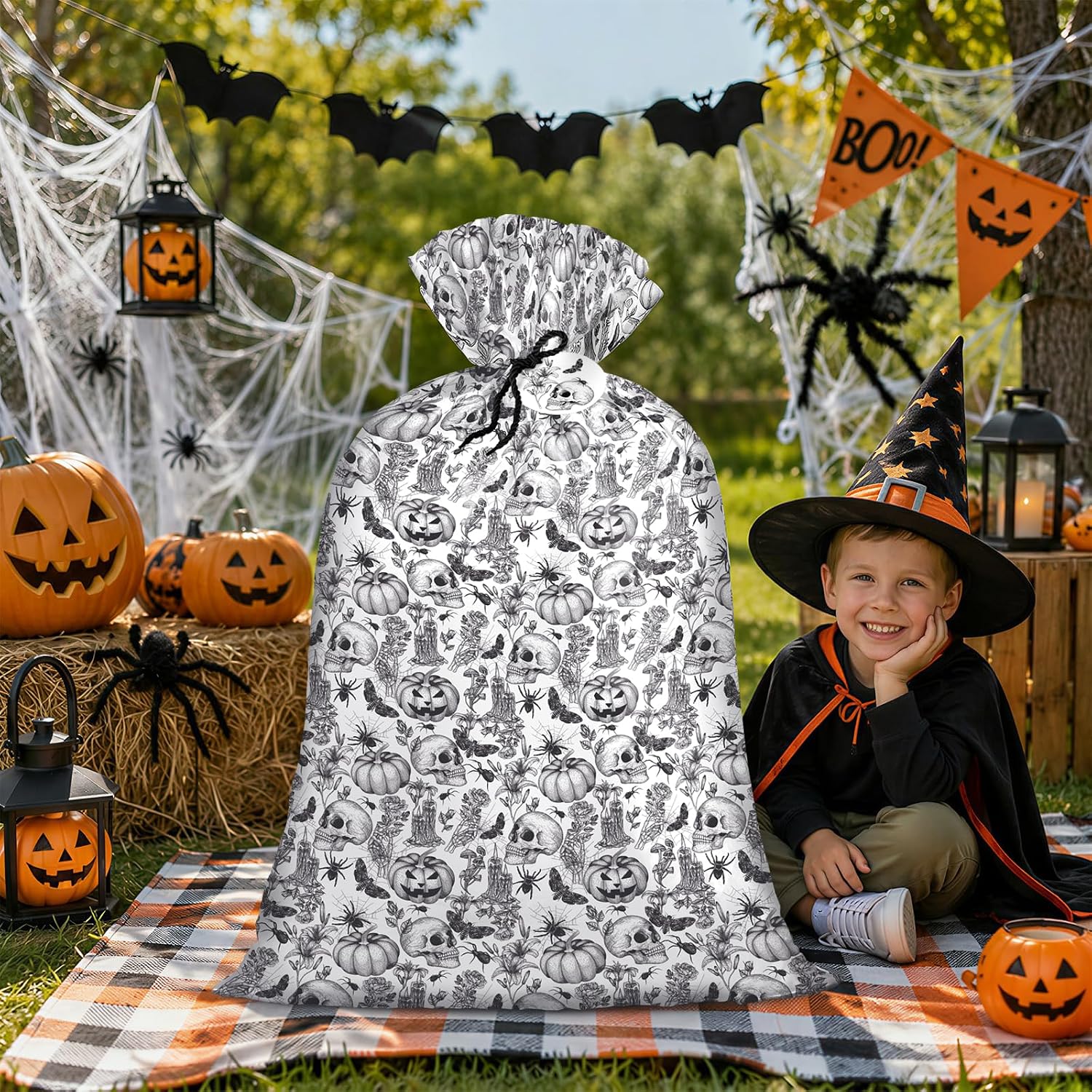 Loveinside Halloween Jumbo Plastic Gift Bag, Gothic Skull & Pumpkin Black and White Design, Reusable Plastic Bag with Tag and Tie for Spooky Party, Trick or Treat, Holiday Presents, 56" x 36", 1 Pcs image 5