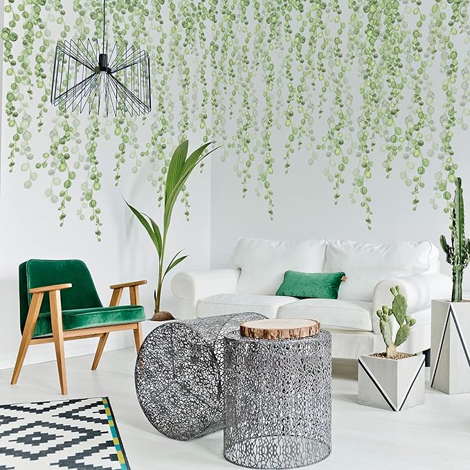 6 Sheet Hanging String of Pearls Vine Leaves Wall Stickers, JOENCOST