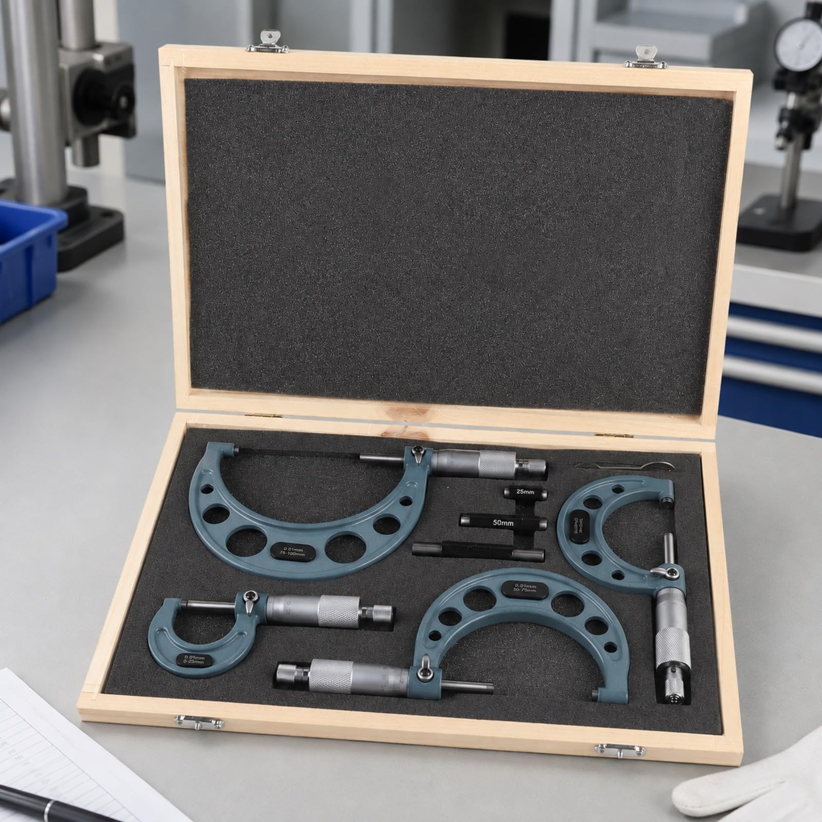 4 Piezas Micrómetro Exrior Precisión con Lectura Micrómetro Rango 0-100 Mm Antislizan para Fabricación Industrial, Caja Madera
