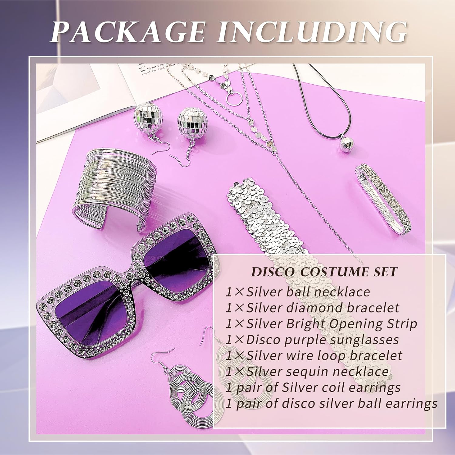 70s Disco Accessories for Women Disco Costume Accessory Set Coil Bracelet 70s Sunglasses Triple-Layered Choker Gold Disco Earrings Sequin Headband Diamond Bracelet Ball Necklace Earring for Party Halloween - Image 4