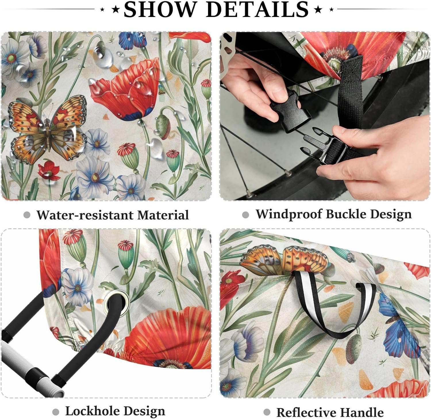 ALAZA Red Poppy Flowers Butterfly Bike Cover Waterproof Outdoor Ebike Bicycle Covers Tarp Protection for 1/2 Bikes, Sun UV Dust Wind Proof