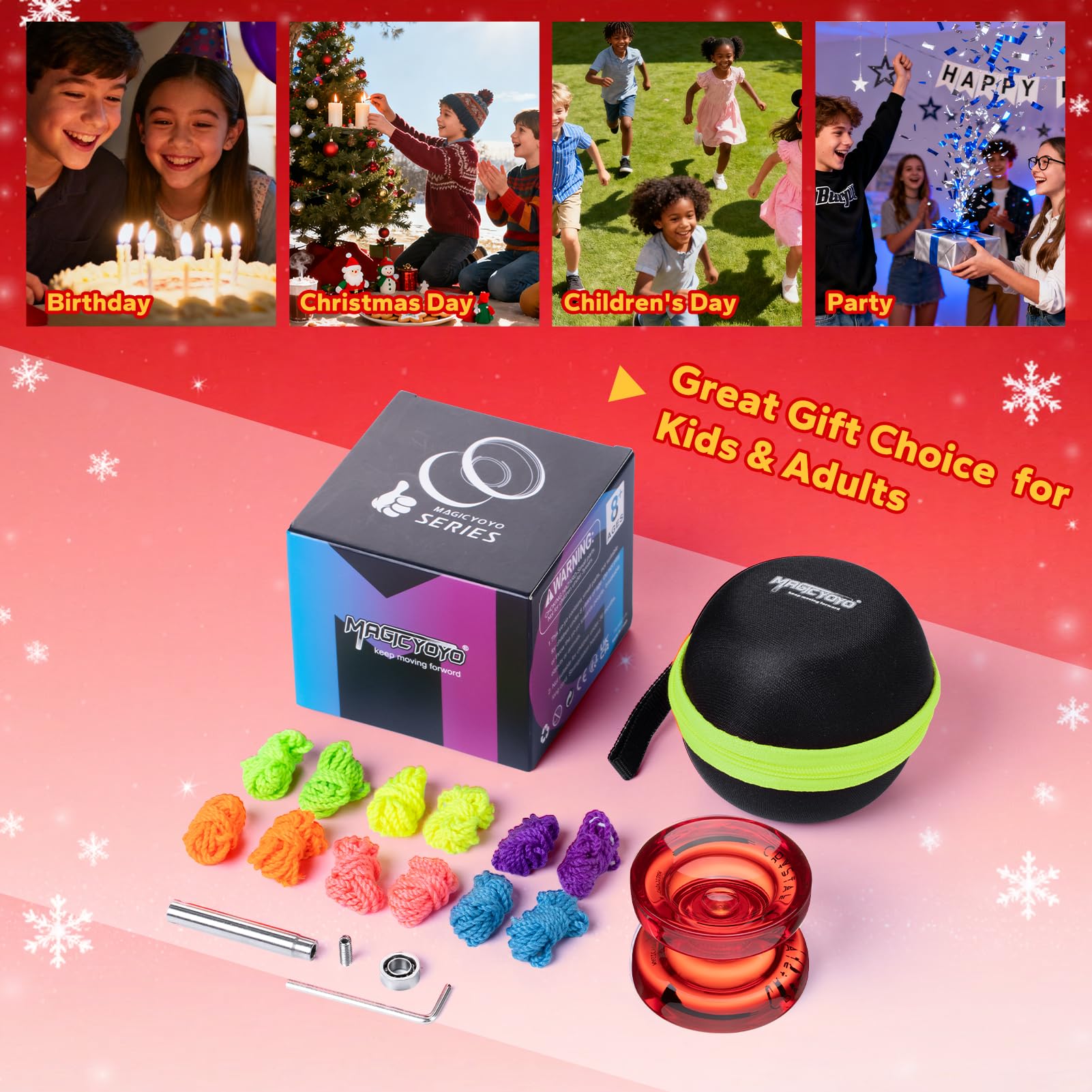 MAGICYOYO JoJo K2 Crystal Yoyo professionnel réactif pour enfants | YoYo double usage pour enfants, débutants et confirmés, avec 12 cordons Jo Jo, roulements et outils (cristal rouge)