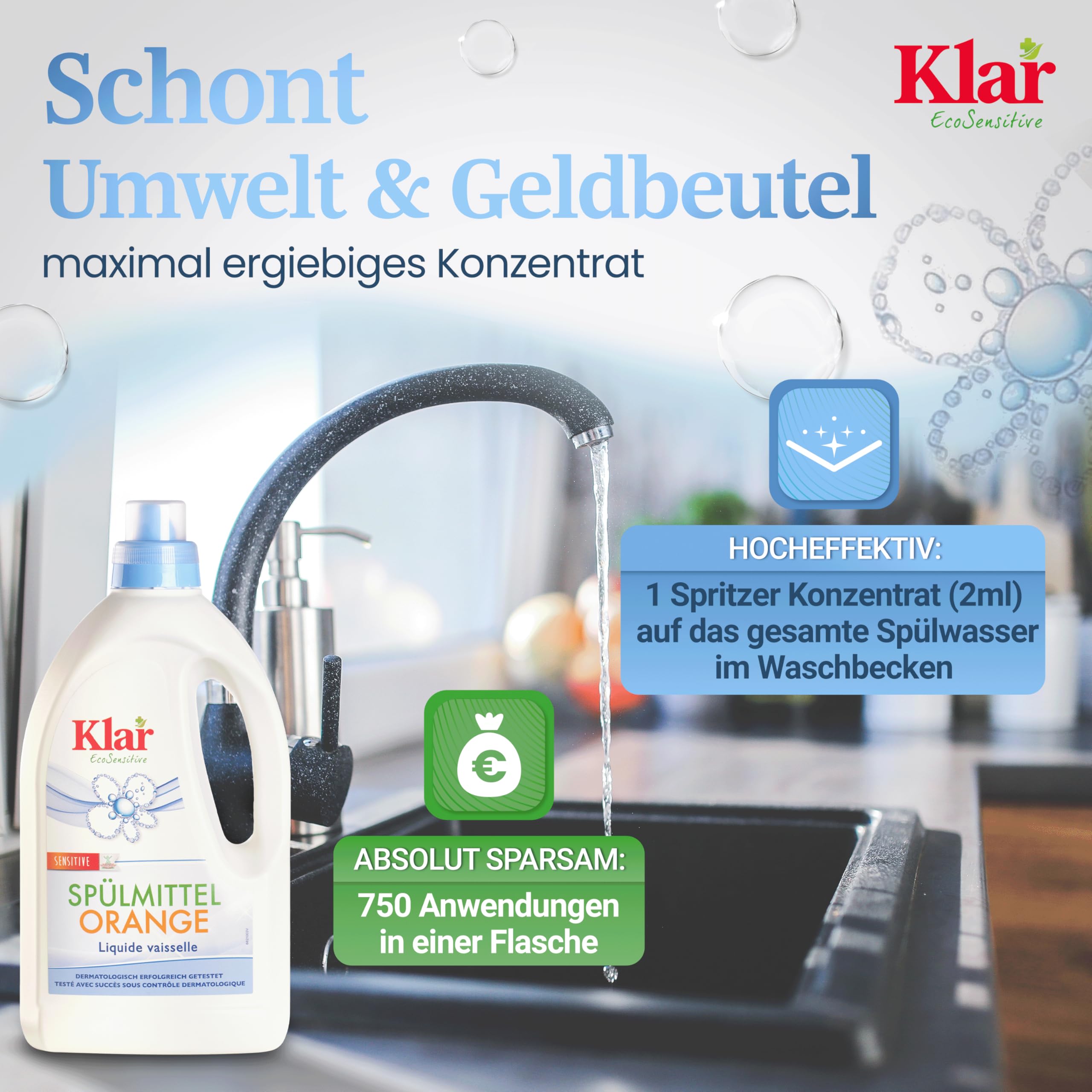 Klar EcoSensitive Spülmittel ORANGE, 1,5l - Spüli mit hoher Fettlösekraft