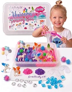 Unicorn Sensory Sand Bin with Magic Kinetic Sand | 38 PCS unicorn sensory sand bin; 2 lb magic kinetic sand; sparkly pom-poms; sandbox ages 3-8; birthday gift; OT founder