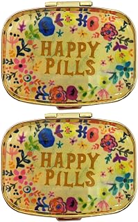 2 Packs Vintage Pill Organizers Metal Retro Pill Boxes Cute Pill Cases for Purse/Pocket Portable Compact to Hold Vitamins/Tylenol/Supplements/Meds/Tablet(Happy Pills with Mirror Inside)