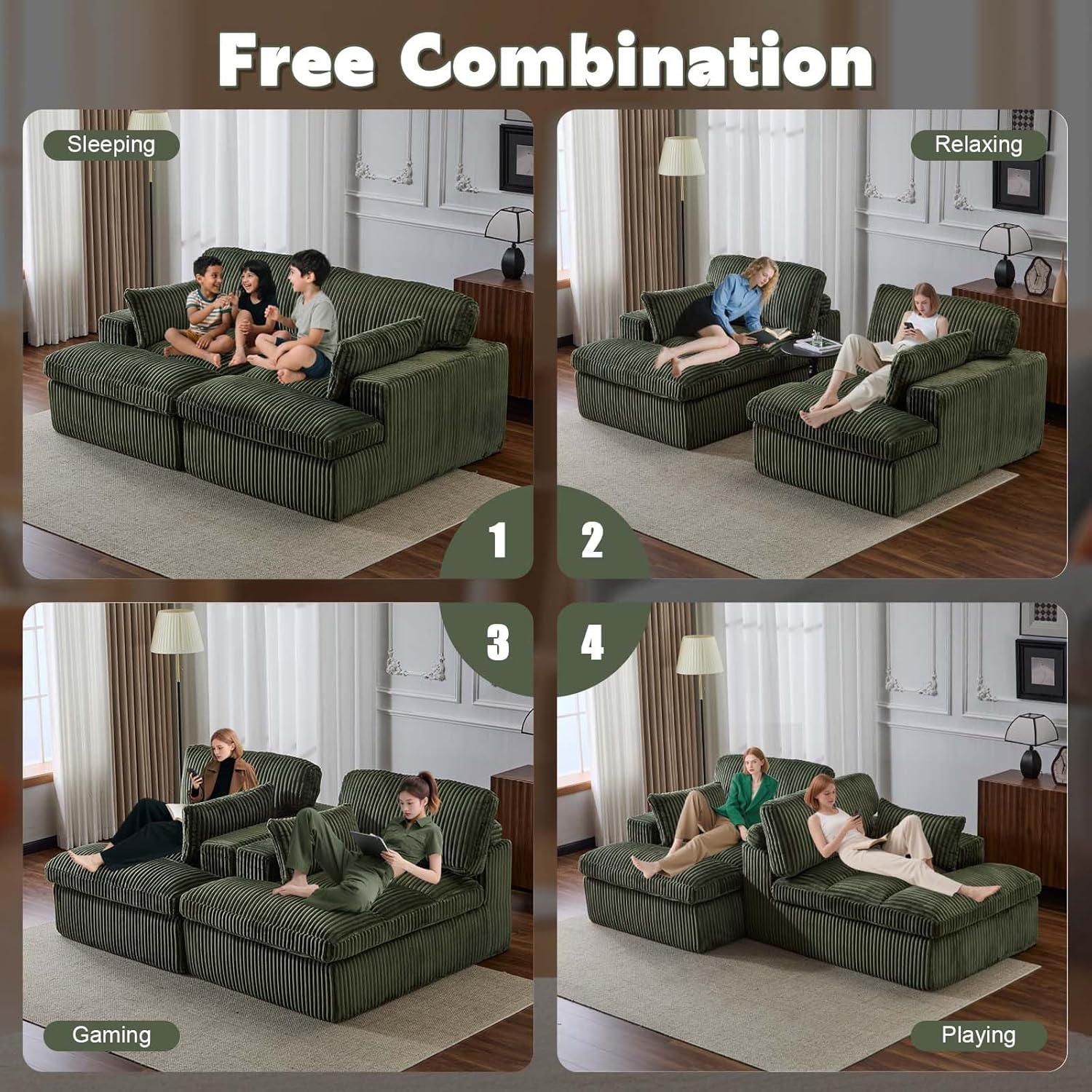 Double Chaise Lounge Chair Indoor, Oversized Upholstered Sleeper Cloud Couch, Deep Seat Luxury Sofa Bed, Sectional Sofa Chaise Loveseat, Corduroy Reading Chair (Green, 2 Seat Loveseat Chaise)