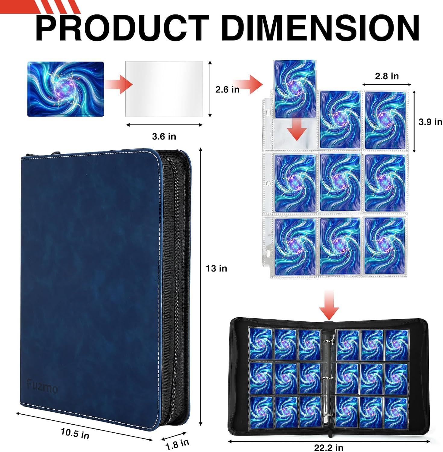 900 Cards Trading Card Binder, 9 Pocket Zipper Album with 50 Removable Double Sided Sleeves, Card Organizer for Collectible Baseball, Football, Basketball, Sports, Game Cards (Blue)