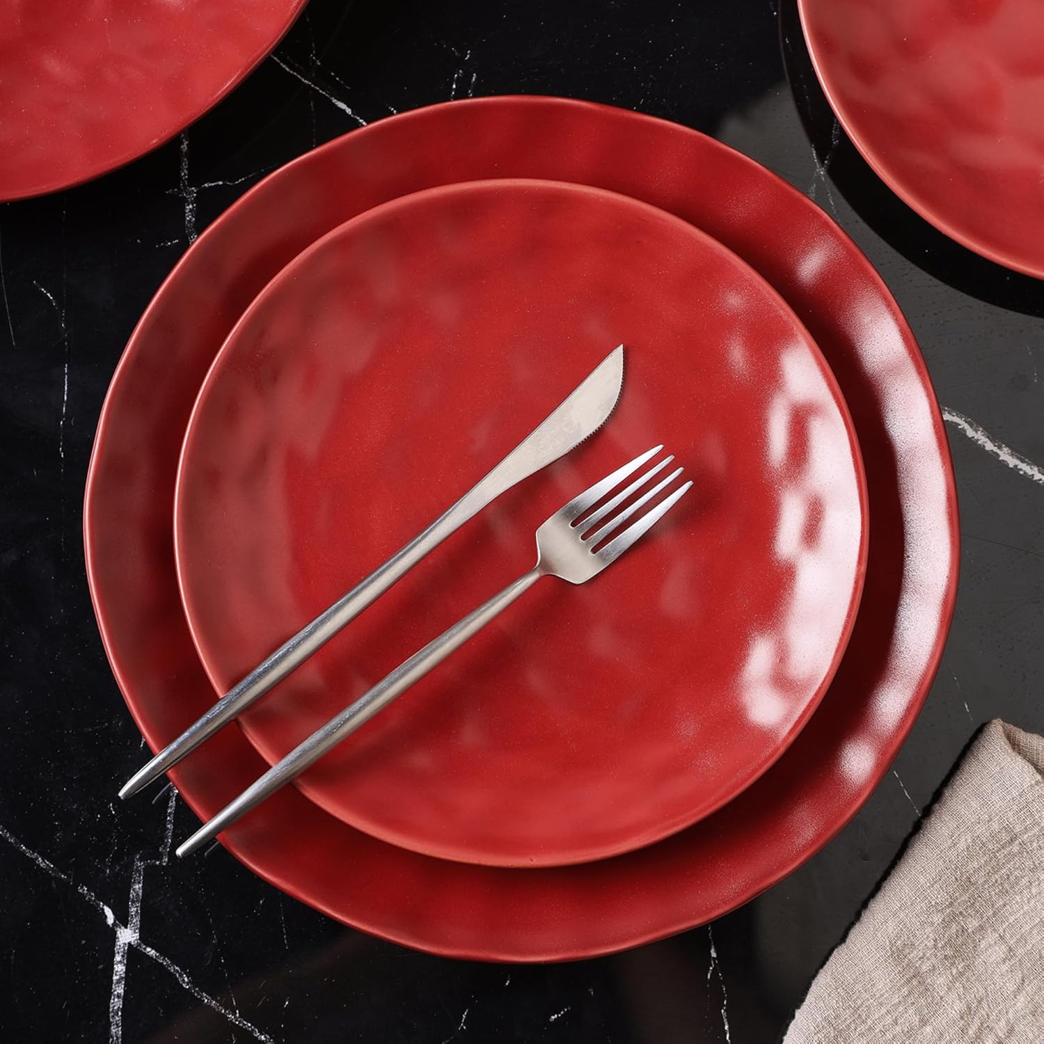 Stone Lain Sam Porcelain16 Piece Dinnerware Set, Home Kitchen Dish Set with Dinner Plates, Salad Plates, Bowls, & Mugs - Service for 4, Red