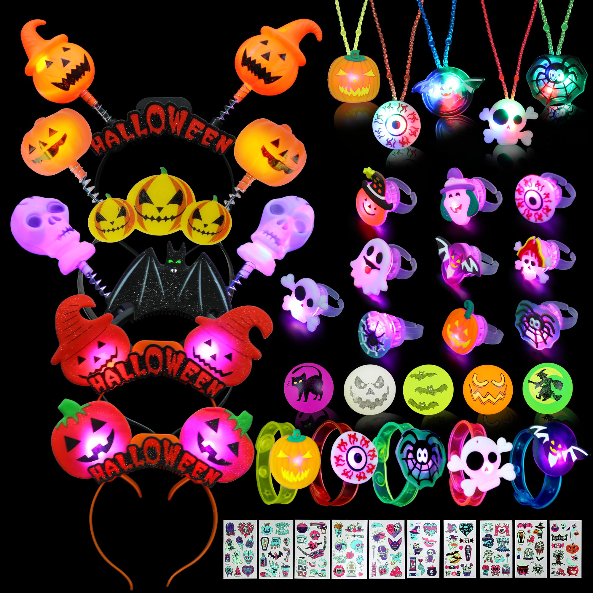 FabetoHalloween Light Up Party Favors 40 Pack Halloween Toys Trick or Treats Goodie Bag Filler Party Supplies for Kids Adults, 5 LED Pumpkin Headbands 5 Bracelets 5 Necklaces 5 Balls 10 Stickers