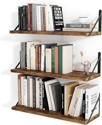 OXMIC Rustic Wood Wall Shelves with Black Metal Brackets, Book Shelf for wall, wall Shelves, wall Book Shelf, 20x6 Inch, S...