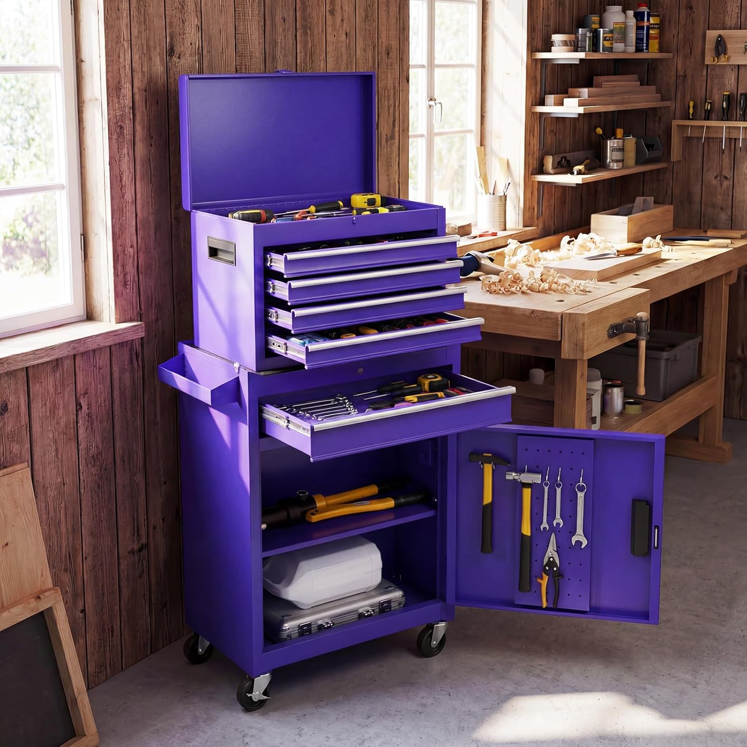 Rolling Tool Chest, 5-Drawer Tool Storage Cabinet with Wheels, Adjustable Shelf & Anti-Slip Liner, Tool Box Organizer for Garage, Warehouse & Workshop (Purple)