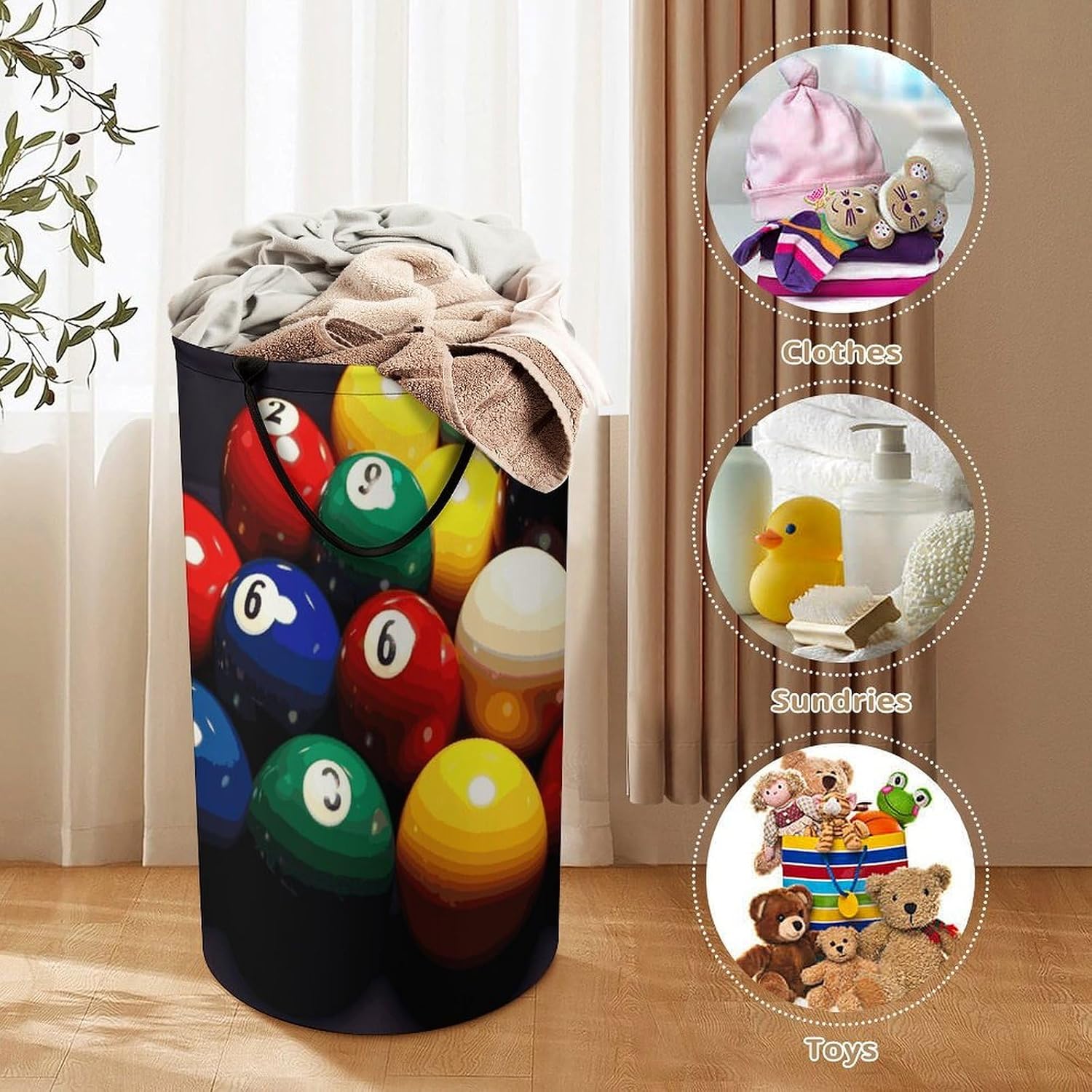 Large Laundry Hamper with Handles Color Billiards Laundry Basket Freestanding Waterproof Clothes Hamper for Living Room Bedroom Bathroom College Dorm