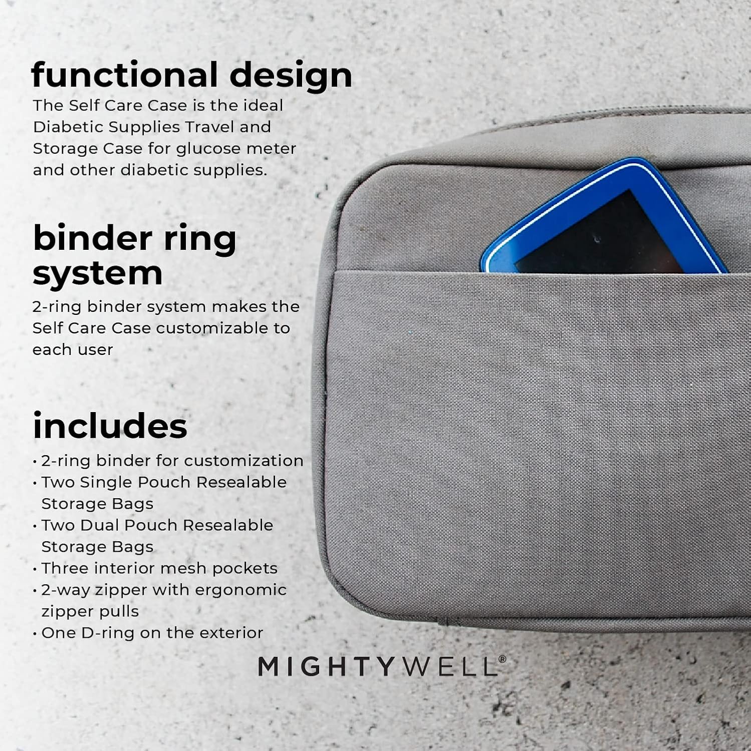 Mighty Well Diabetic Supplies Travel Case, Storage Bag for Glucose Meter and Other Diabetic Supplies (Bag Only), Self Care Case (Steel)