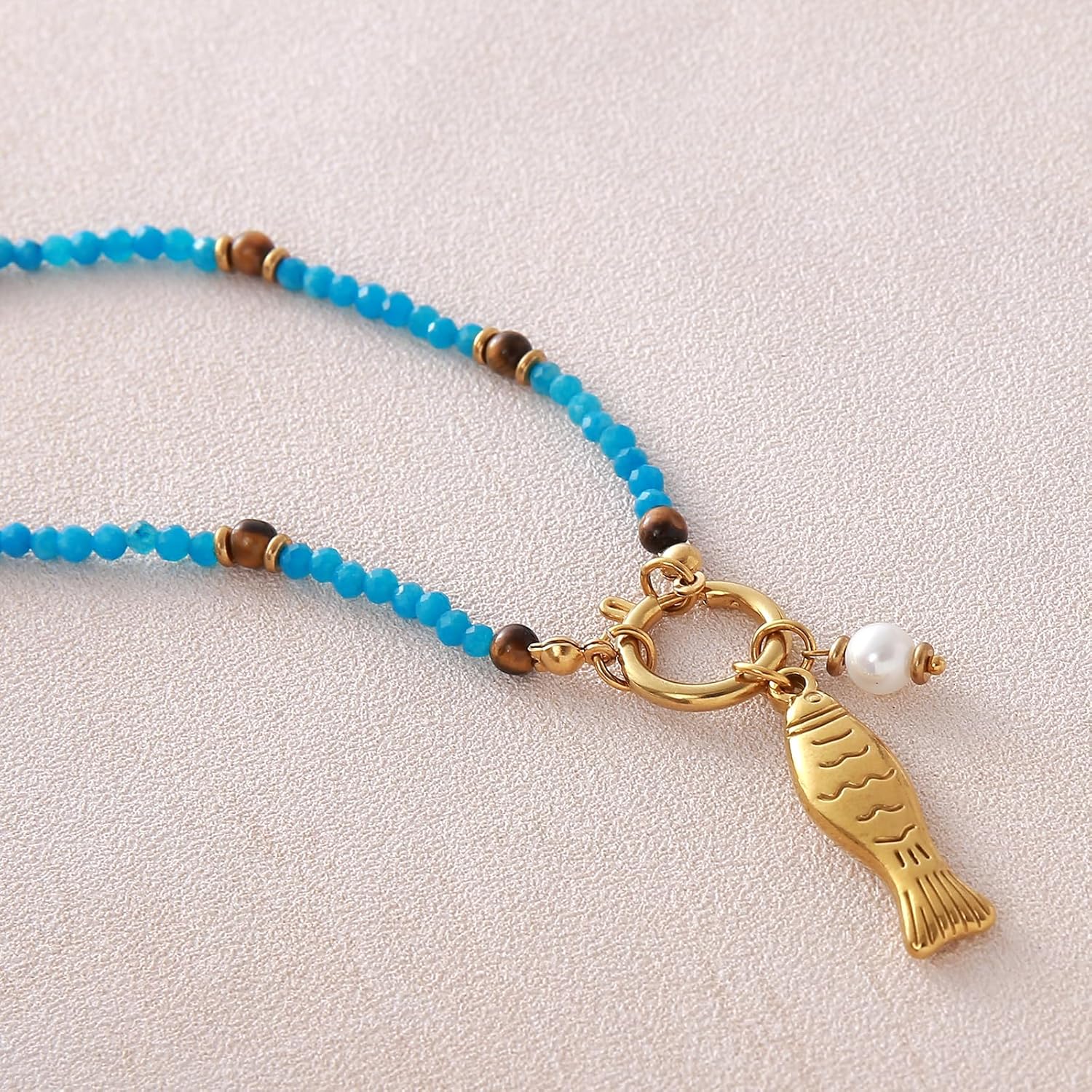 Boho Fish Necklace for Women 14k Gold Plated Fish Pendant Blue Beaded Choker Necklaces Summer Beach Coastal Gold Jewelry for Women Gifts - Image 7