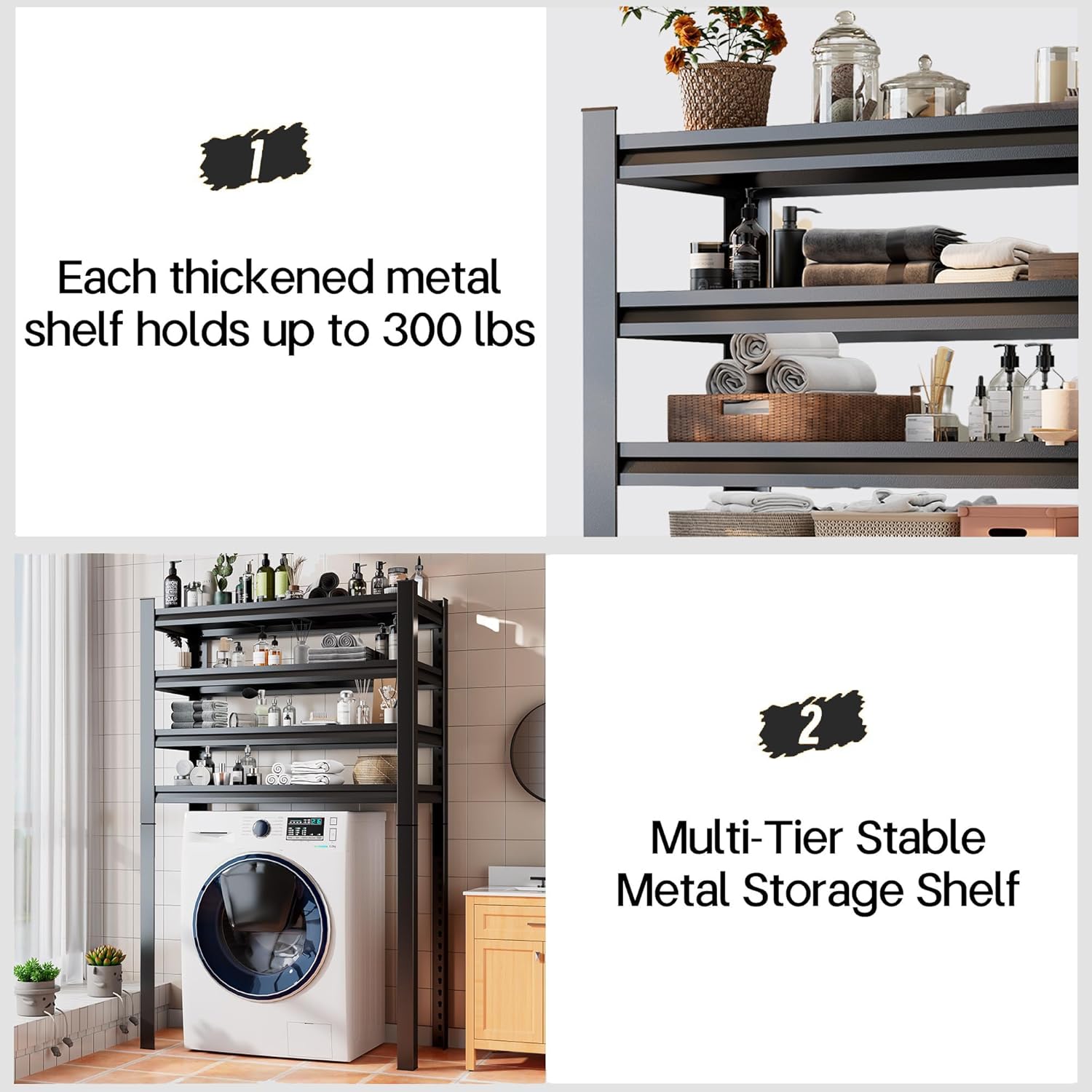 Over Washer and Dryer Shelves, Laundry Room Shelves Adjustable Metal Heavy Duty Freestanding Storage Shelving, Washing Machine Rack for Organization and Storage, Black (35.4" W X 17.7" D X 63" H)