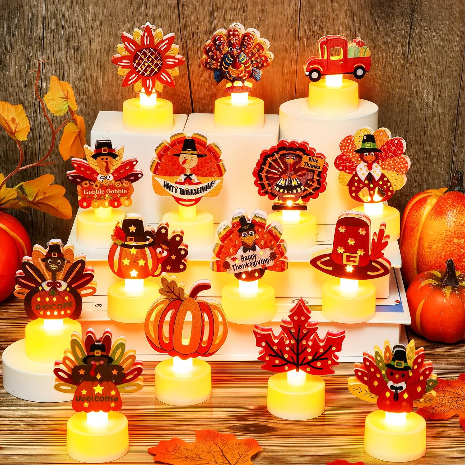 Handepo 15 Pcs Thanksgiving Turkey Tea Lights Flameless Candles Table Decor