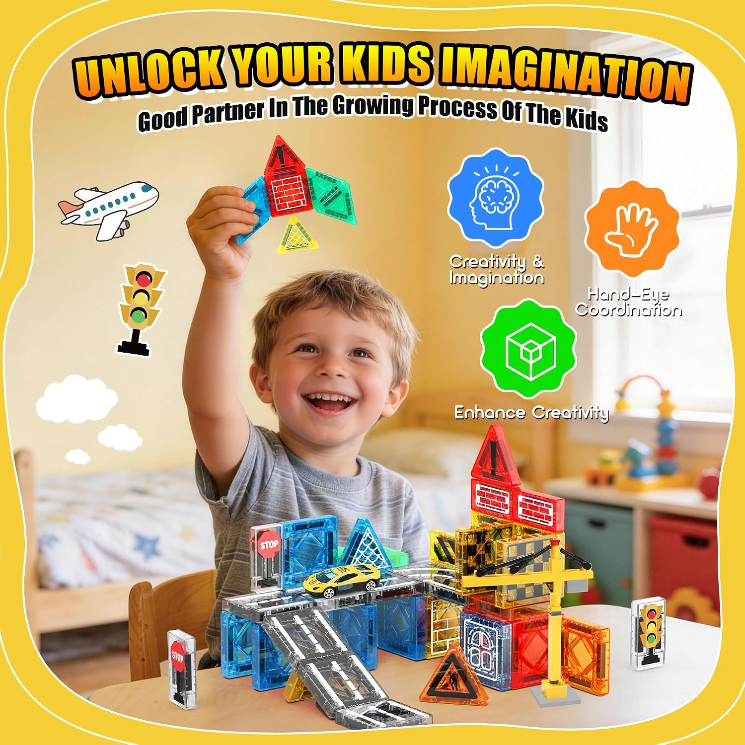Magnetic Tiles - Construction Toys, Road Set Outdoor Travel Toys with Magnetic Crane & Car for Boys Age 3-5 4-8 8-10, Mini Magnet Building Blocks with Crane, Road, Traffic Lights, STEM Sensory Gifts