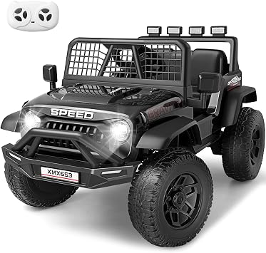 Hikole 12V Ride on Car with Remote Control, Toddler Electric Car, Kid-Car, Power Wheel, Shock Springs, Fast/Slow Speeds, Driving/Reverse, LED Light/Music/Horn/Bluetooth, 1 Wide Seat, Black