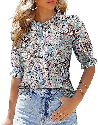 KISSMODA Womens Mock Neck Summer Blouses Short Sleeve Boho Tunic Tops
