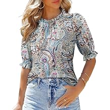 KISSMODA Womens Mock Neck Summer Blouses Short Sleeve Boho Tunic Tops