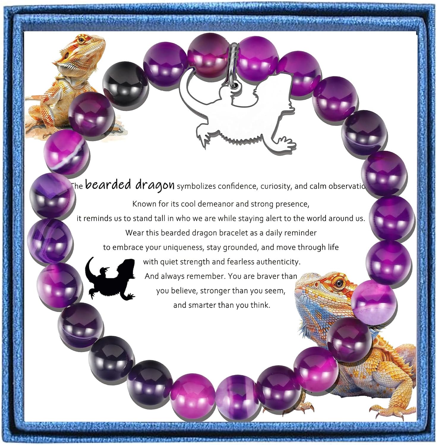 PARTNER Cute Bearded Dragon Gifts for Women Bearded-dragons Natural Stone Beaded Healing Bracelet for Reptile Lover