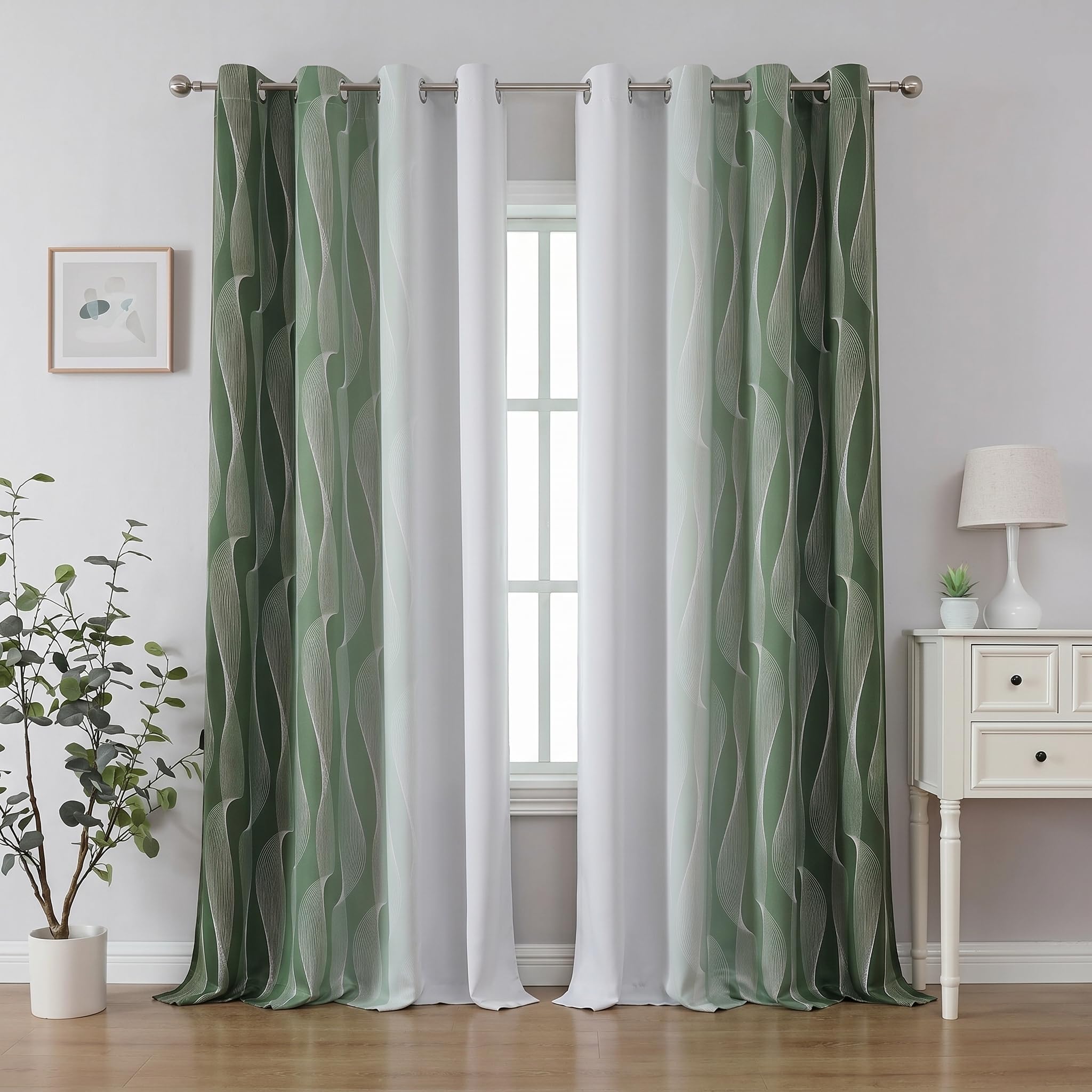 Ombre Thermo-Verdunkelungsvorhänge, 2 Paneele, Farbverlaufsvorhänge, Ösen-Fenstervorhänge, 80 % - 97 % Verdunkelung, für Wohnzimmer und Schlafzimmer, Wohnzimmer, Kinderzimmer, Weiß und Grün