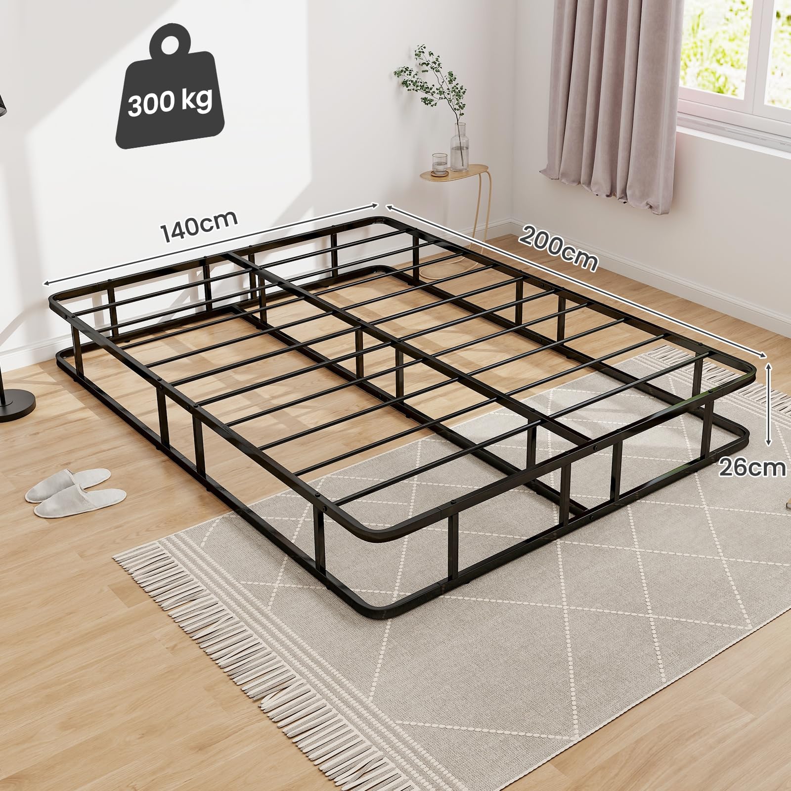 COSTWAY Bettgestell aus Metall, Metall-Bettrahmen, Plattform-Bettgestell mit Metallleistenunterstützung, Schlafzimmerbett Keine Boxspring erforderlich, Schwarz 200 x 140 x 26 cm