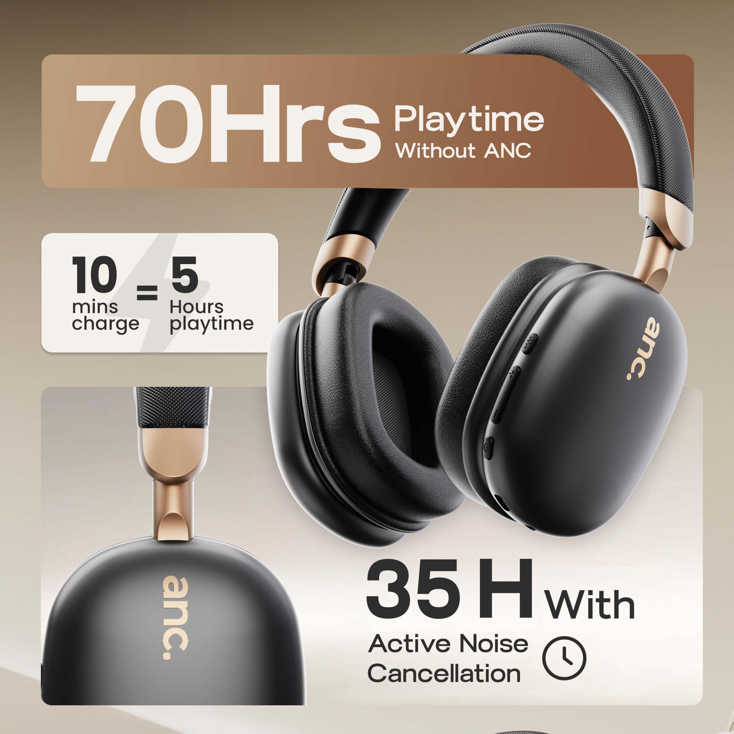 GOBOULT-Fluid X Pro Ear Bluetooth Headphones with 70H Playtime, 40mm Bass Drivers, Zen ENC Mic, Type-C Fast Charging, 4 EQ Modes, AUX, IPX5 Wireless Headphones (Black) — Amazon image 3