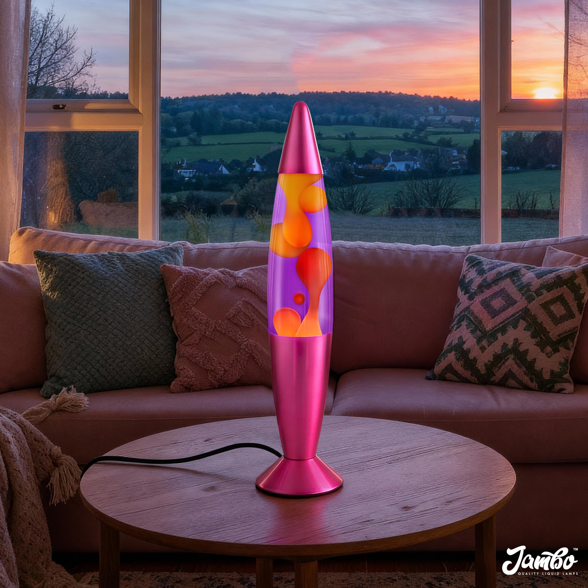 Jambo Lámpara líquida con flujos de Cera como Lava, lámparas frías, Luces nocturnas para niños, Adultos, Adolescentes (16 Pulgadas, Base Rosa, líquido Morado, Cera Amarilla)