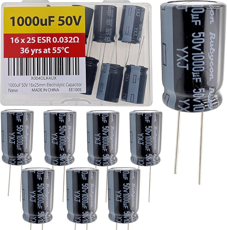 Condensador electrolítico Rubycon de 1000 uF, 50 V, 0.630 x 0.984 in, baja ESR, 0,032 Ω, larga vida útil, 36 años a 55 grados C, mfd mircofarad Micro Farad Radial Lead Condensadores de aluminio (paquete de 8)