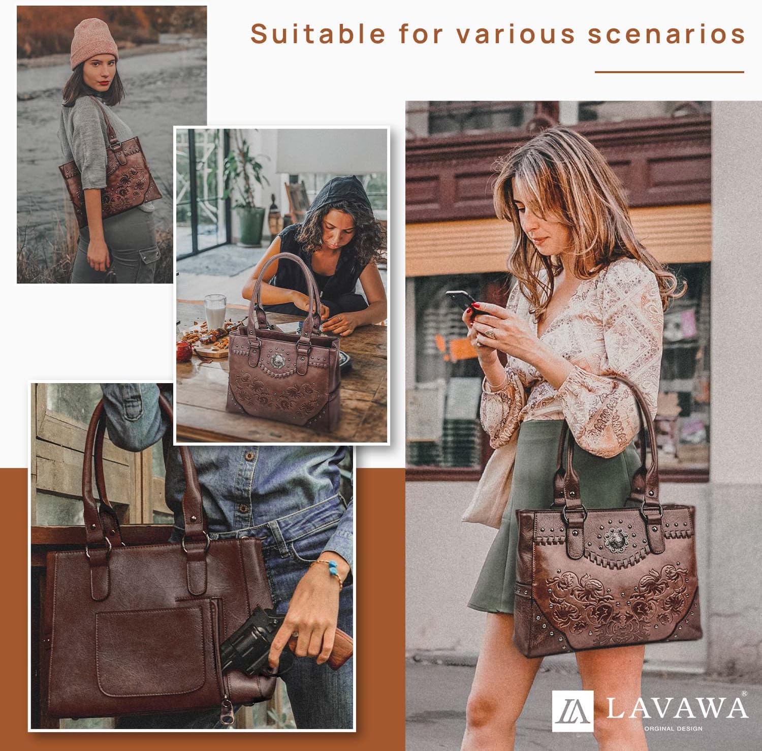 LAVAWA Tote Bag for Women Large Western Purse Ladies Top Handle Shoulder Handbags Vintage Embossed Concho Studs