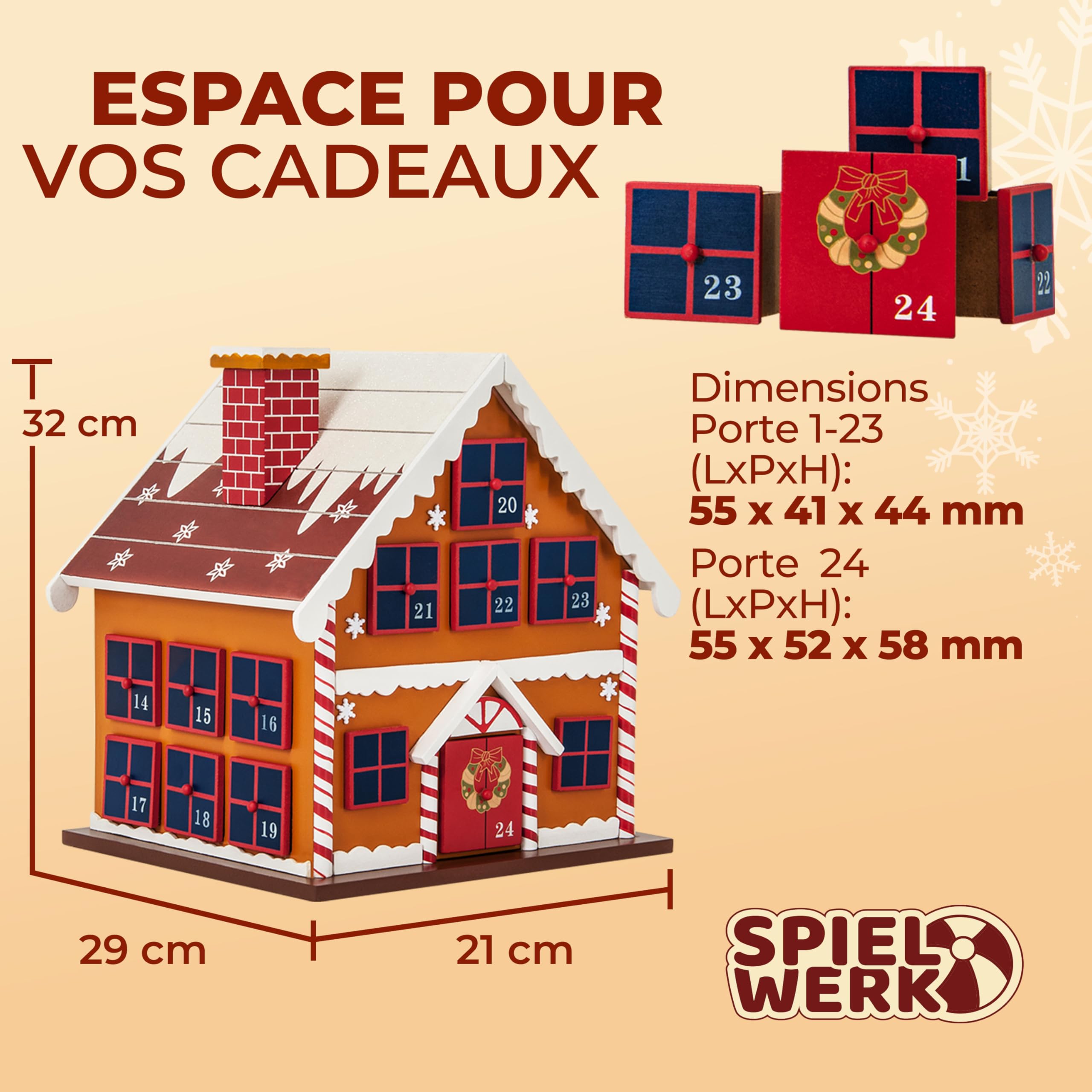 Spielwerk Calendrier de l'Avent en Bois Réutilisable 24 Tiroirs Maison en Pain d'épices