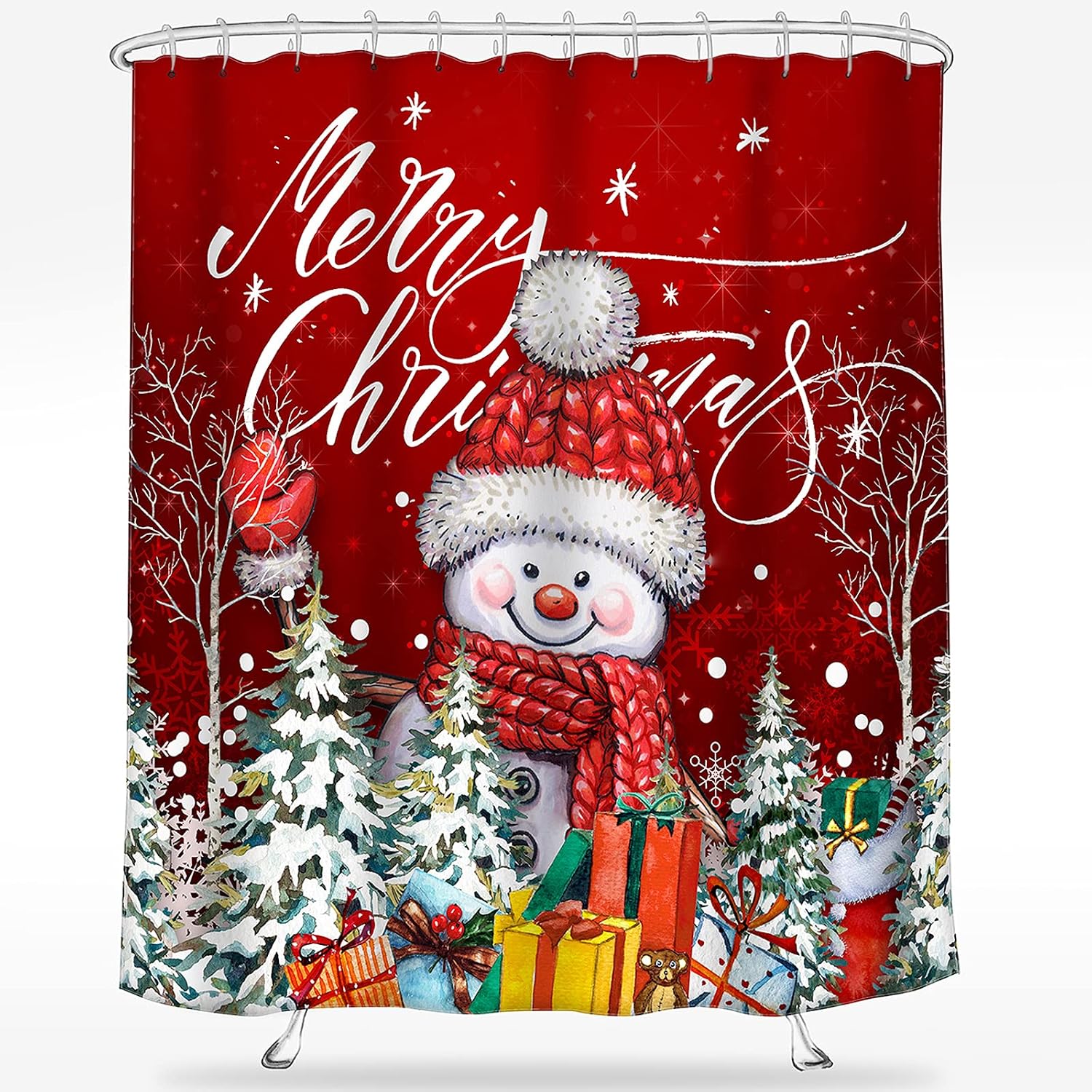 Christmas Shower Curtain Snowman Shower Curtain Christmas Bathroom Decor Holiday Decorations Polyester Fabric Waterproof-72 x 72"