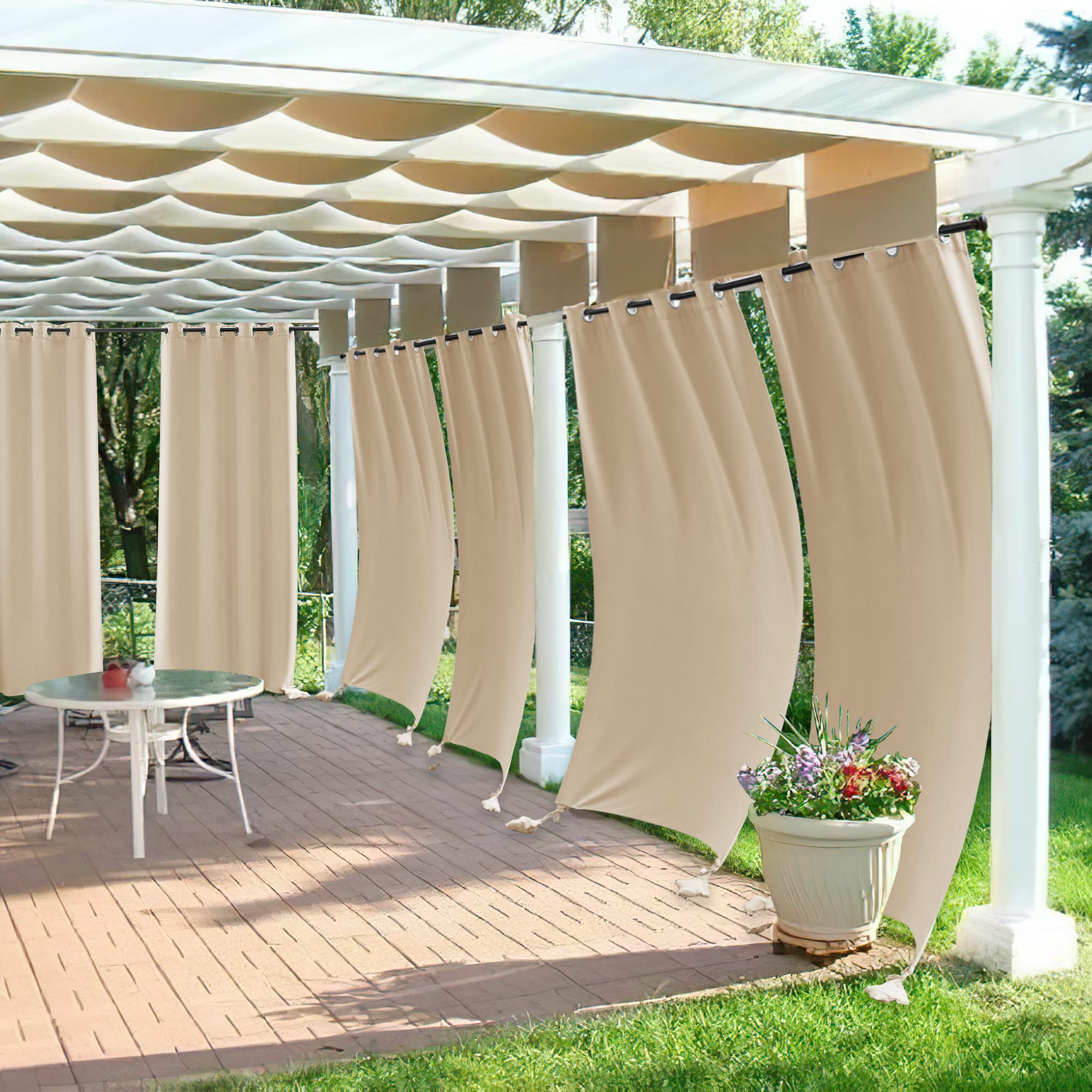 PONY DANCE Tenda da Sole per Esterno Impermeabile Tende Antiventi con Sacchi Pesati per Gazebo con Anelli Anti-UV Blackout Curtains per Balconi 2 Pezzi L132 x A213 CM, Beige