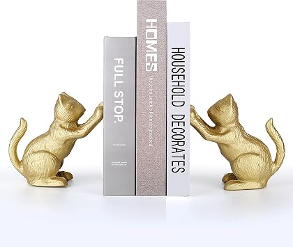 Ambipolar Lucky Cat Decorative Bookend, Heavy Duty Cast Iron, Vintage Shelf Decor, Gold, T3-66