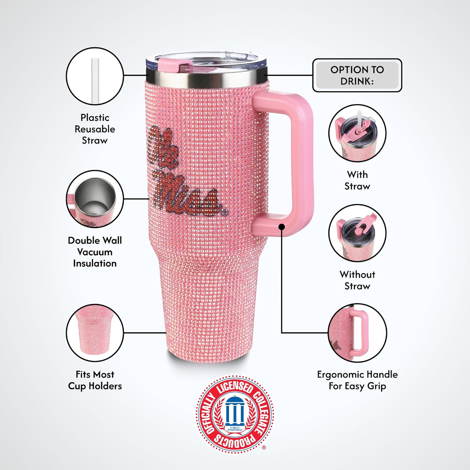 The Memory Company Officially Licensed 46oz Pink Bling Game Day Tumbler, University of Mississippi