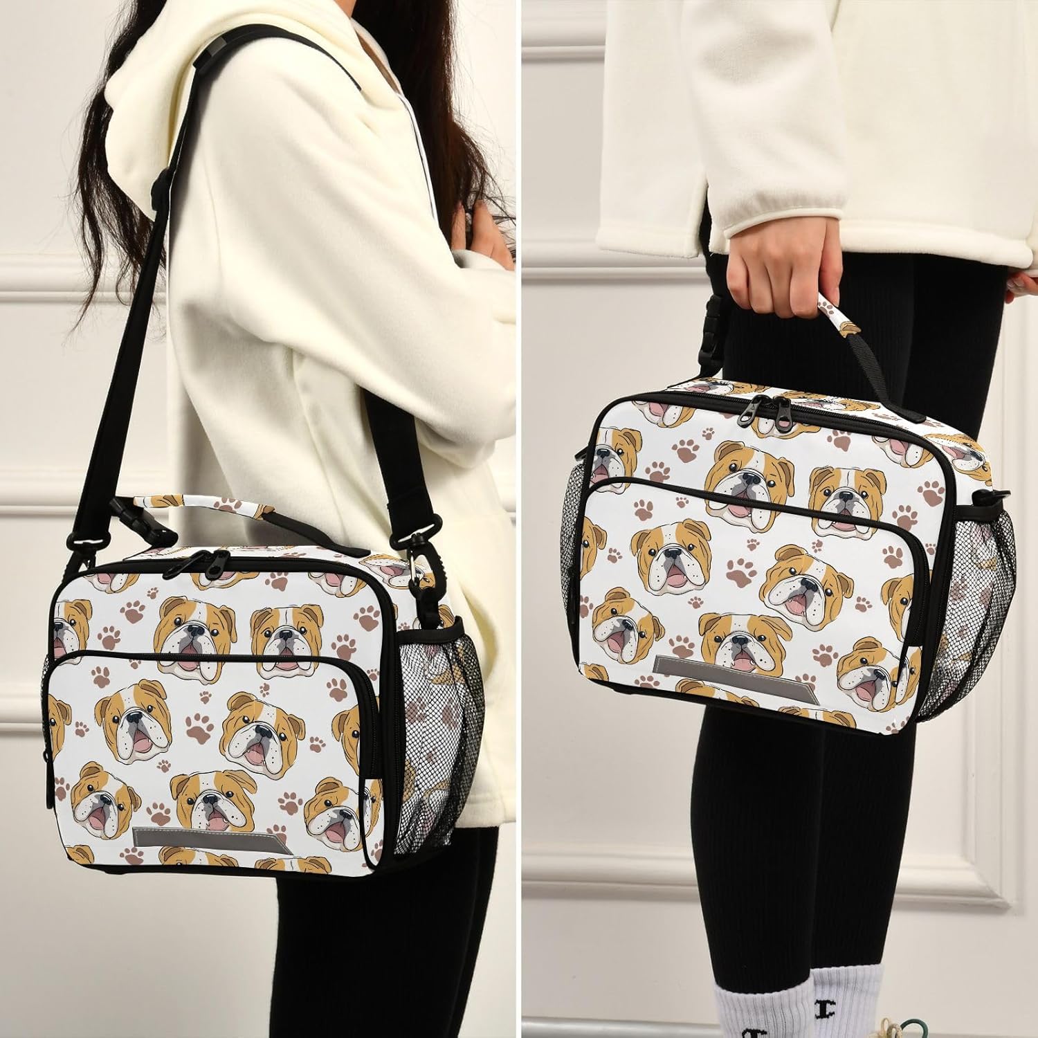 Aslsiy Lunch Bag for Women Dog Paws Insulated Lunch Box English Bulldog Handbag with Adjustable Shoulder Strap for Office Picnic Travel