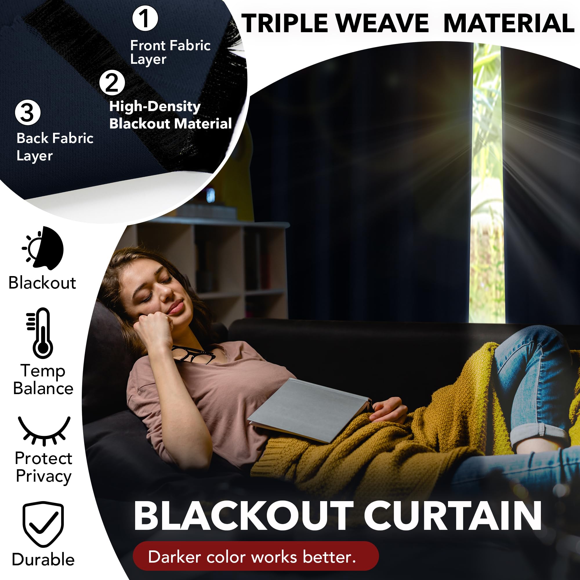 Deconovo Super Soft Solid Eyelet Thermal Insulated Blackout Curtains for Bedroom 90" Width x54 Drop, 1 Pair, Navy Blue - Image 3