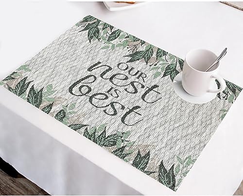Miniatura 3 de Juego de 4, cita decorativa de hojas - Our Nest is Best Tapestry Placemats para cocina, comedor, fácil de limpiar, lavable a máquina. Tamaño: 13" x