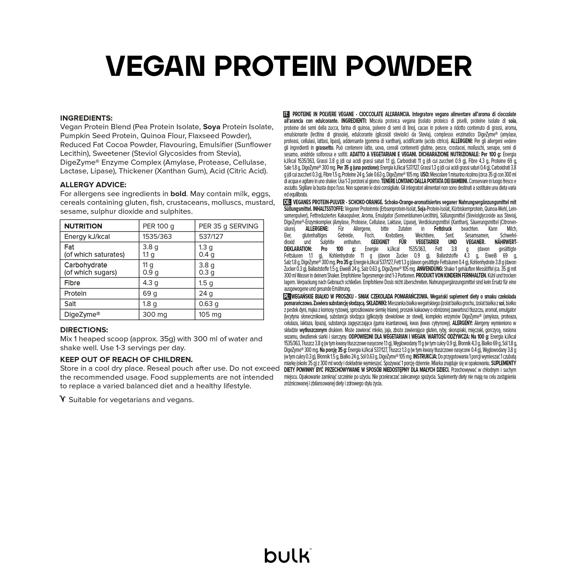 Bulk Proteine Vegane in Polvere, Frullato Proteico Vegetale, Cioccolato Orange, 1 kg, Formula Nuova e Migliorata, 28 Porzioni, La Confezione Può Variare
