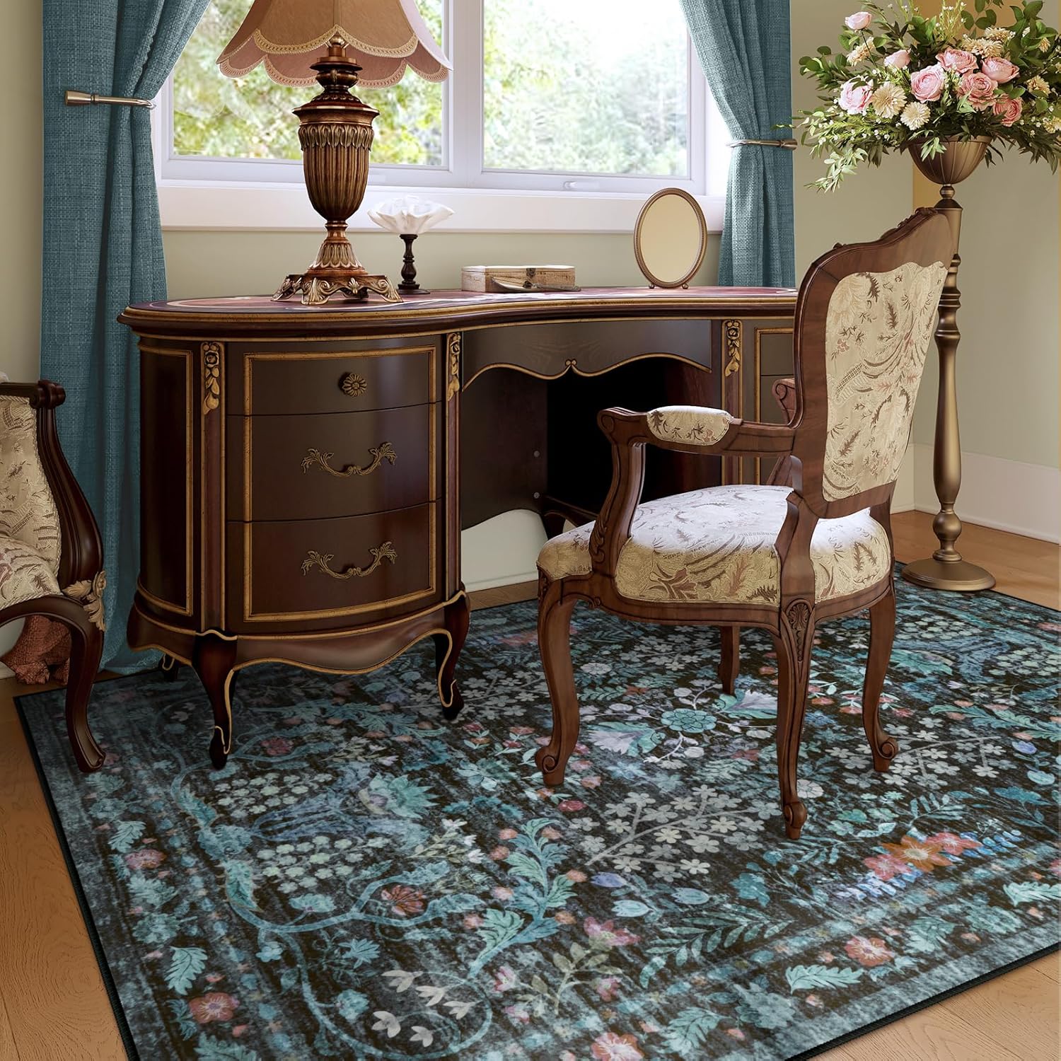 LIVEBOX Washable Rug 5x7 Area Rugs for Living Room, Black Floral Rug for Bedroom, Soft Boho Distressed Rugs Non Slip, Low Pile Vintage Indoor Carpet for Dining Room Home Decor