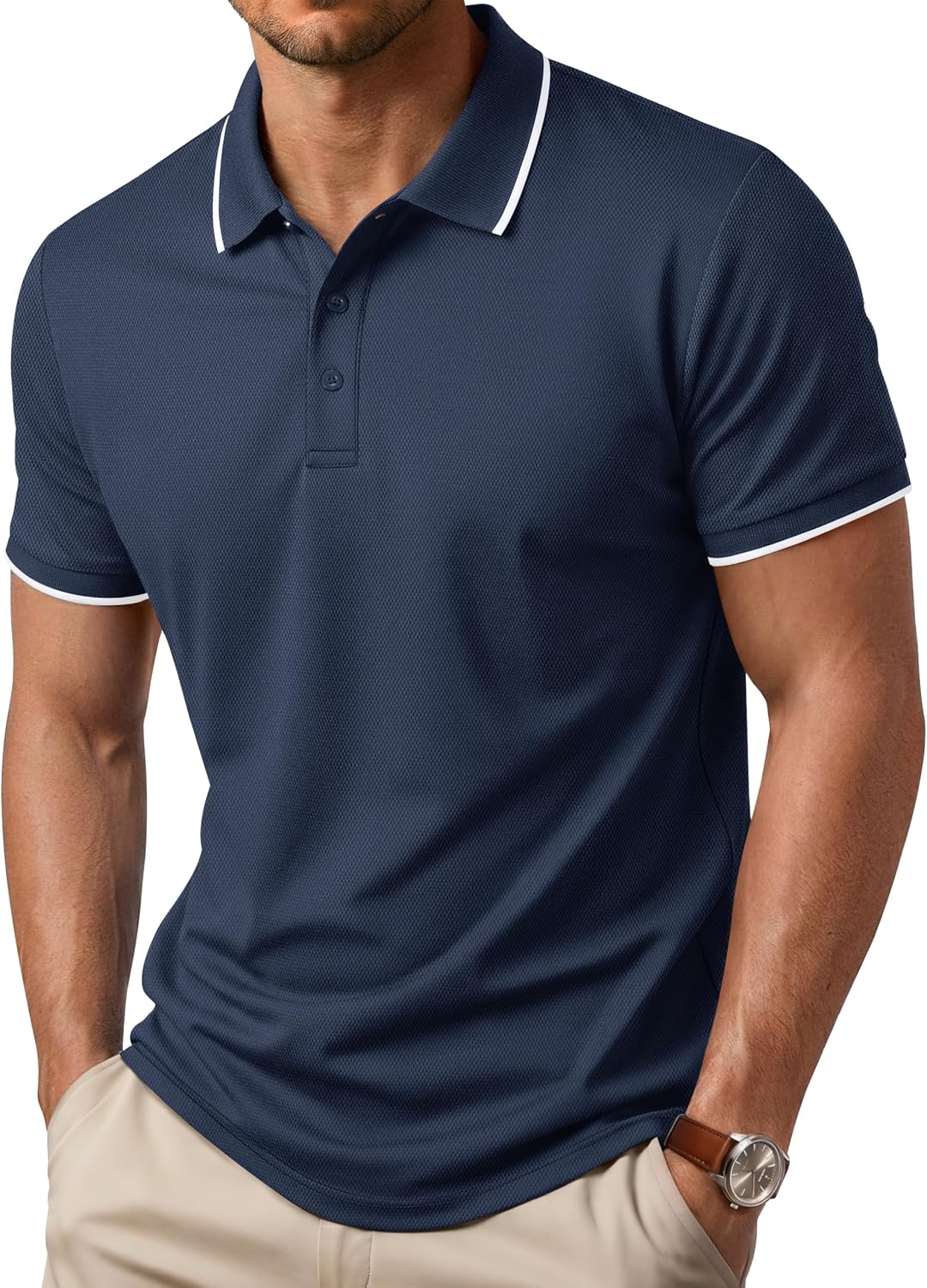 Cotrasen Mens Polo Shirts Short Sleeve Cotton Pique Dual Tipped Collar | Classic 3-Button, Moisture Wicking Breathable, Casual Regular Fit, Performance, Ribbed Cuffs, Great for Golf, Work, Daily