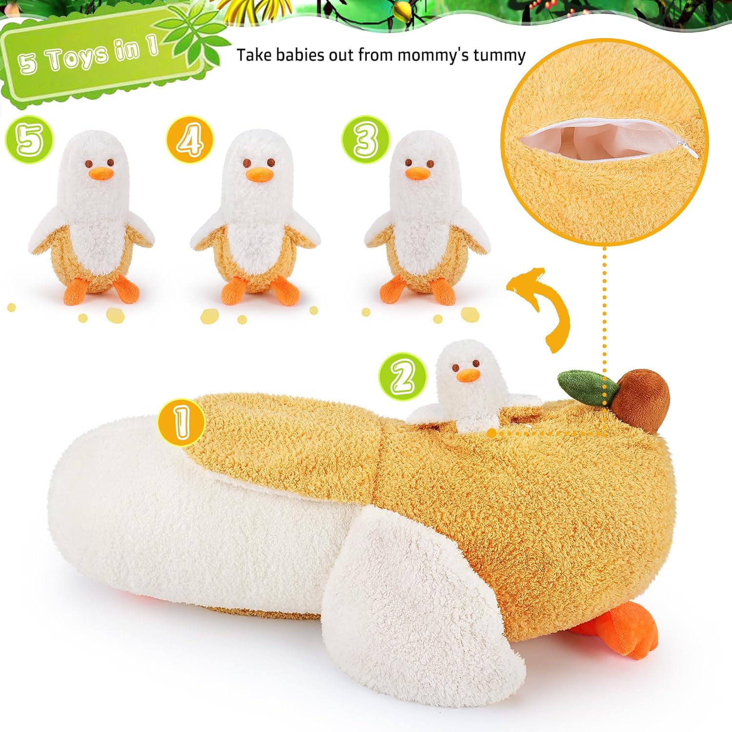 Auspicious beginning 5 PCS Banana Duck Plush Stuffed Animal Family, 20'' Cute Banana Duck Mommy with 4 Baby Plushies Kawaii Plush Toy Birthday Gifts for Kids Boys Girls